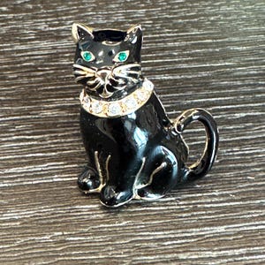 Vintage Monet Black Enamel Cat Brooch: Rhinestone Collar, Halloween Costume Pin