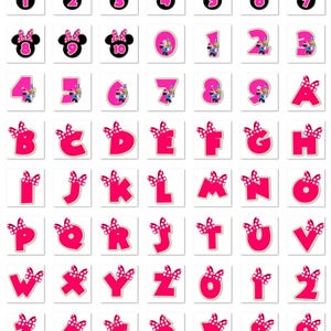 May include: A collection of stickers featuring numbers and letters with a Minnie Mouse theme. The numbers 1-10 are in black with Minnie Mouse ears and a pink bow. The letters and numbers are in pink with a white polka dot bow.