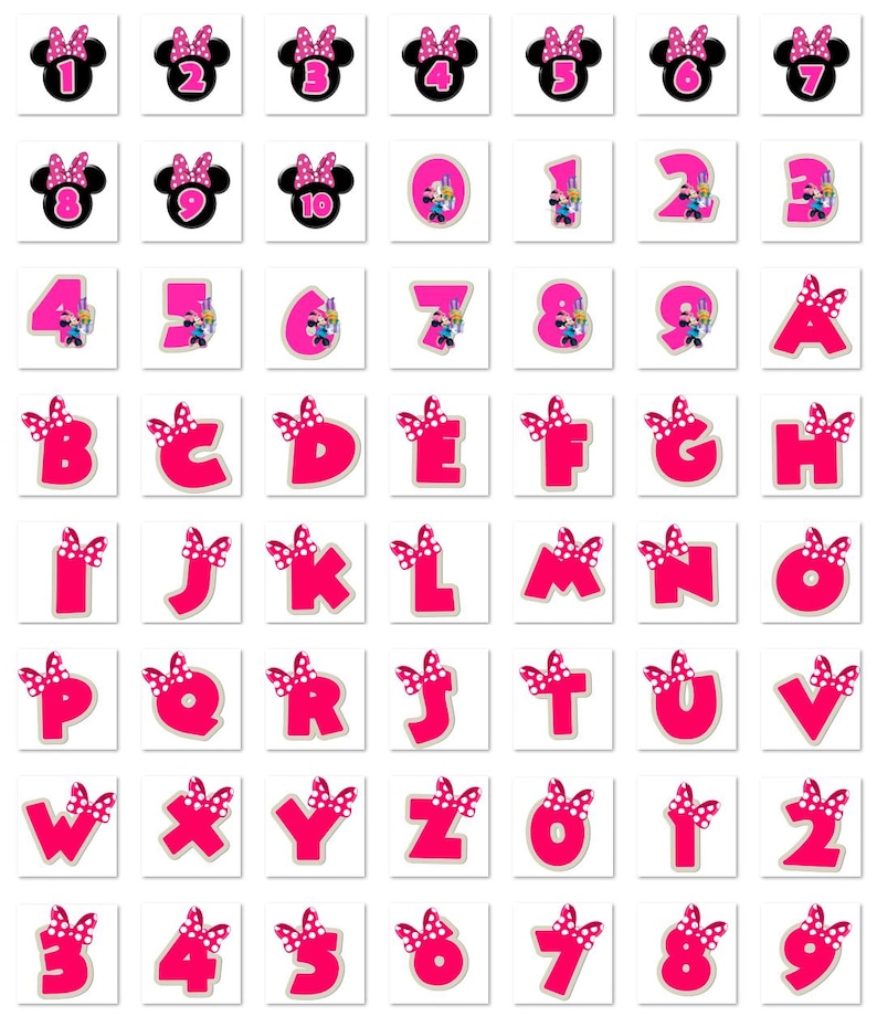 May include: A collection of stickers featuring numbers and letters with a Minnie Mouse theme. The numbers 1-10 are in black with Minnie Mouse ears and a pink bow. The letters and numbers are in pink with a white polka dot bow.