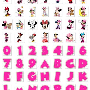May include: A collection of Minnie Mouse character images in various poses and outfits, along with pink numbers and letters. The Minnie Mouse images are on white backgrounds. The numbers and letters are in a bright pink color with a white border.
