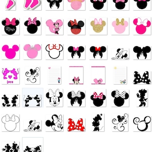 K&ouml;nnte beinhalten: Eine Sammlung von Designs zum Thema Minnie Mouse. Die Bilder zeigen Silhouetten, Schleifen und Charakterillustrationen in Rosa, Schwarz, Wei&szlig; und Gold. Einige Designs zeigen das Wort "Minnie" oder das Wort "Love".