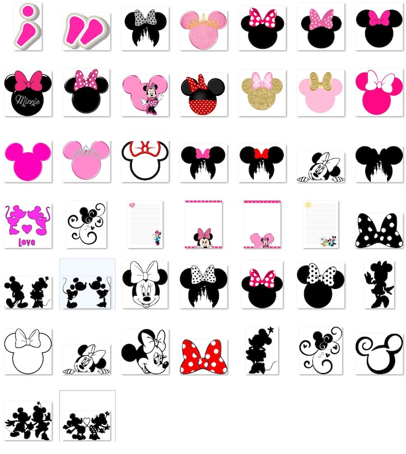 K&ouml;nnte beinhalten: Eine Sammlung von Designs zum Thema Minnie Mouse. Die Bilder zeigen Silhouetten, Schleifen und Charakterillustrationen in Rosa, Schwarz, Wei&szlig; und Gold. Einige Designs zeigen das Wort "Minnie" oder das Wort "Love".