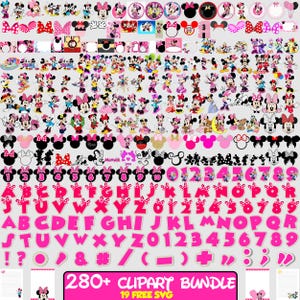 May include: A collection of Minnie Mouse-themed clipart, including various poses, bows, and character designs. The set also features pink letters, numbers, and symbols. The text "280+ Clipart Bundle" is visible.