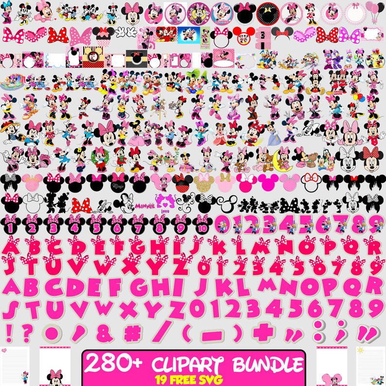 May include: A collection of Minnie Mouse-themed clipart, including various poses, bows, and character designs. The set also features pink letters, numbers, and symbols. The text "280+ Clipart Bundle" is visible.