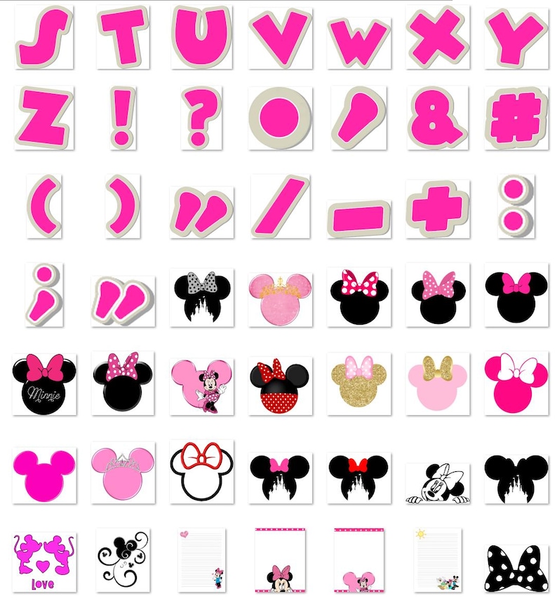K&ouml;nnte beinhalten: Eine Sammlung von pinkfarbenen Buchstaben, Satzzeichen und Designs zum Thema Minnie Mouse. Die Buchstaben haben einen wei&szlig;en Umriss. Minnie Mouse-Designs umfassen Schleifen, Silhouetten und Notizbl&ouml;cke.