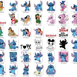 Może przedstawiać: Kolekcja kolorowych obraz&oacute;w z kresk&oacute;wek z postaciami z filmu Disneya Lilo & Stitch. Obrazy przedstawiają Stitcha, Lilo i inne postacie w r&oacute;żnych pozach. Niekt&oacute;re obrazy zawierają tekst, w tym "Lilo & Stitch" i "Stay Weird."
