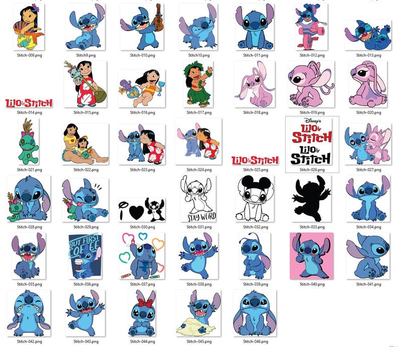 Może przedstawiać: Kolekcja kolorowych obraz&oacute;w z kresk&oacute;wek z postaciami z filmu Disneya Lilo & Stitch. Obrazy przedstawiają Stitcha, Lilo i inne postacie w r&oacute;żnych pozach. Niekt&oacute;re obrazy zawierają tekst, w tym "Lilo & Stitch" i "Stay Weird."
