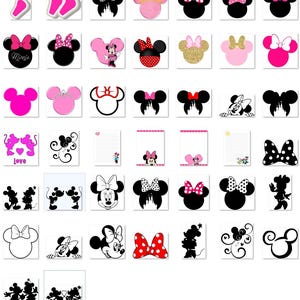 May include: A collection of Minnie Mouse-themed designs, including silhouettes, bows, and character illustrations. The designs feature various colors, including pink, black, and red, and are suitable for crafting or decorative purposes.