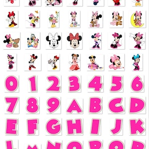 K&ouml;nnte beinhalten: Eine Sammlung quadratischer Aufkleber mit Minnie Mouse in verschiedenen Posen und Outfits. Die Aufkleber enthalten Bilder von Minnie Mouse mit Schleifen, Kleidern und Accessoires. Ebenfalls enthalten sind rosa Zahlen und Buchstaben.