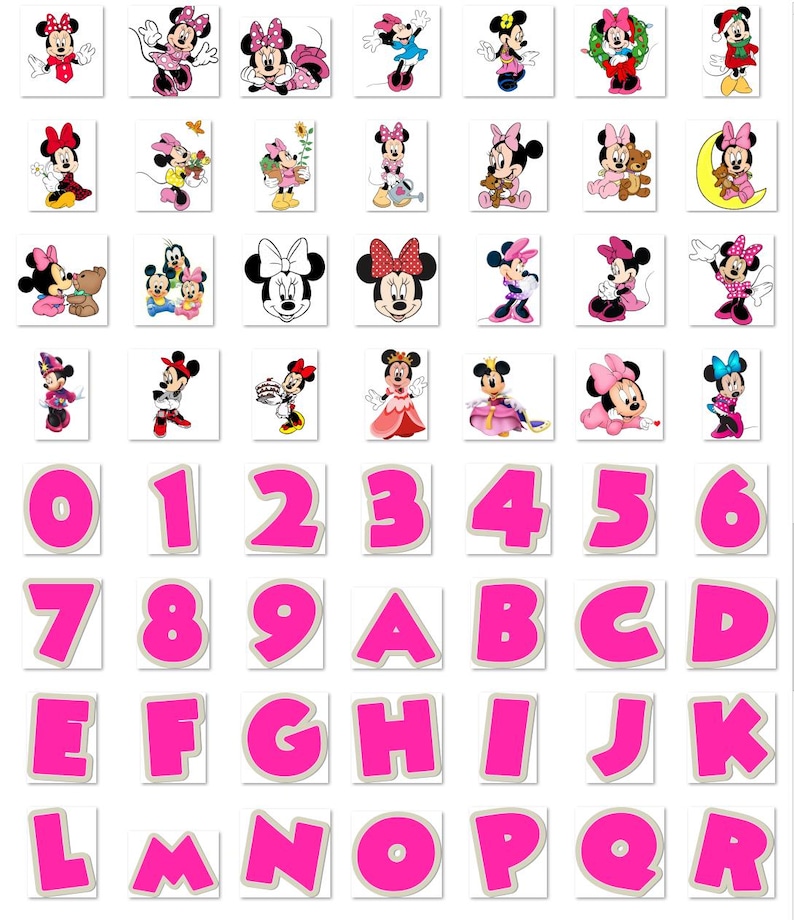 K&ouml;nnte beinhalten: Eine Sammlung quadratischer Aufkleber mit Minnie Mouse in verschiedenen Posen und Outfits. Die Aufkleber enthalten Bilder von Minnie Mouse mit Schleifen, Kleidern und Accessoires. Ebenfalls enthalten sind rosa Zahlen und Buchstaben.