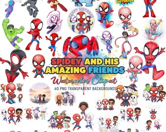 Paquete de imágenes prediseñadas de Spidey en acuarela, PNG de superhéroe, Spidey y sus increíbles amigos, imágenes prediseñadas de Spiderman, archivos PNG digitales, DESCARGA INSTANTÁNEA