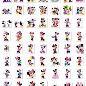 May include: A collection of square stickers featuring various images of Mickey Mouse and Minnie Mouse. The stickers showcase the characters in different poses and outfits, with vibrant colors and cartoon styles. Some stickers include other Disney characters.