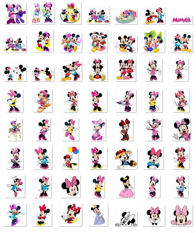 May include: A collection of square stickers featuring various images of Mickey Mouse and Minnie Mouse. The stickers showcase the characters in different poses and outfits, with vibrant colors and cartoon styles. Some stickers include other Disney characters.