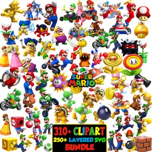 May include: A collection of colorful Super Mario Bros. themed clip art images. The images include characters like Mario, Luigi, Princess Peach, and Yoshi, along with various power-ups and game elements. The text "310+ CLPART" and "250+ LAYERED SVG BUNDLE" is also visible.