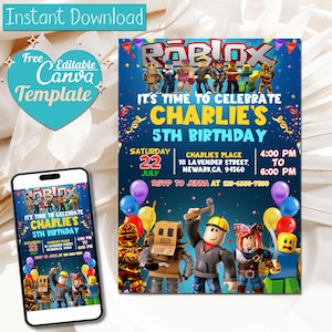 Roblox Geburtstagseinladung | Roblox Einladung | Roblox Spielparty | Kids Roblox Einladen | Druckbare bearbeitbare Vorlage Canva Sofort-Download
