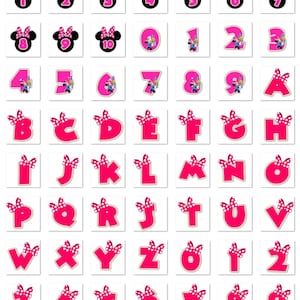 K&ouml;nnte beinhalten: Eine Sammlung von Aufklebern mit Zahlen und Buchstaben im Minnie-Mouse-Design. Die Zahlen 1-10 sind in Schwarz mit Minnie-Mouse-Ohren und einer rosa Schleife. Die Buchstaben A-Z und die Zahlen 0-9 sind in Rosa mit einer Minnie-Mouse-Schleife.