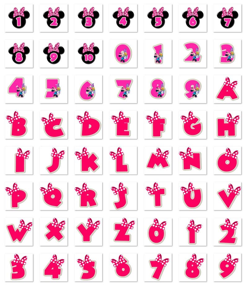 K&ouml;nnte beinhalten: Eine Sammlung von Aufklebern mit Zahlen und Buchstaben im Minnie-Mouse-Design. Die Zahlen 1-10 sind in Schwarz mit Minnie-Mouse-Ohren und einer rosa Schleife. Die Buchstaben A-Z und die Zahlen 0-9 sind in Rosa mit einer Minnie-Mouse-Schleife.
