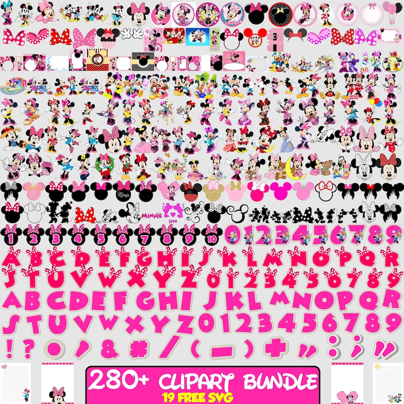 K&ouml;nnte beinhalten: Eine Sammlung von Minnie Mouse-Clipart, darunter verschiedene Posen, Schleifen und Charakterdesigns in Pink, Schwarz und Wei&szlig;. Das Bild zeigt auch ein pinkfarbenes Alphabet, Zahlen und Symbole mit dem Text "280+ Clipart Bundle" und "19 Free SVG".