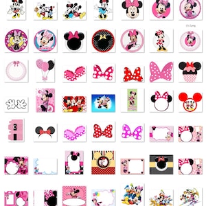 K&ouml;nnte beinhalten: Eine Sammlung verschiedener Designs zum Thema Minnie Maus. Die Designs umfassen Bilder von Minnie Maus, Schleifen und andere verwandte Grafiken. Das Farbschema ist haupts&auml;chlich rosa, schwarz und wei&szlig;, mit einigen gelben und roten Akzenten. Geeignet f&uuml;r Partydekorationen und Bastelarbeiten.