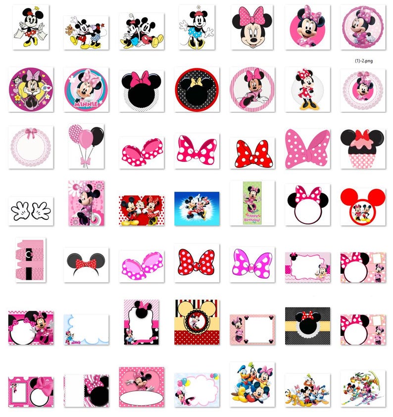 K&ouml;nnte beinhalten: Eine Sammlung verschiedener Designs zum Thema Minnie Maus. Die Designs umfassen Bilder von Minnie Maus, Schleifen und andere verwandte Grafiken. Das Farbschema ist haupts&auml;chlich rosa, schwarz und wei&szlig;, mit einigen gelben und roten Akzenten. Geeignet f&uuml;r Partydekorationen und Bastelarbeiten.