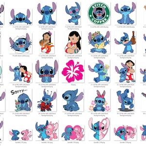 Może przedstawiać: Kolekcja r&oacute;żnych obraz&oacute;w postaci z kresk&oacute;wek, gł&oacute;wnie z niebieskim obcym Stitchem z filmu animowanego "Lilo & Stitch". Obrazy przedstawiają Stitcha w r&oacute;żnych pozach i z innymi postaciami, w r&oacute;żnych stylach.