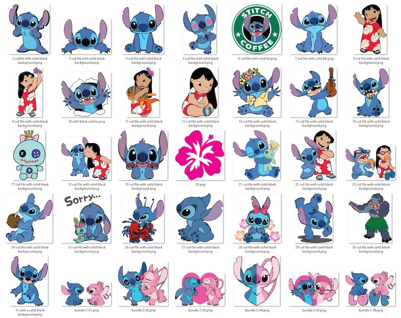 Może przedstawiać: Kolekcja r&oacute;żnych obraz&oacute;w postaci z kresk&oacute;wek, gł&oacute;wnie z niebieskim obcym Stitchem z filmu animowanego "Lilo & Stitch". Obrazy przedstawiają Stitcha w r&oacute;żnych pozach i z innymi postaciami, w r&oacute;żnych stylach.