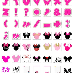 May include: A collection of pink alphabet letters, punctuation marks, and Minnie Mouse-themed designs. The letters have a white outline. Minnie Mouse designs include bows, silhouettes, and character illustrations. The designs are on a white background.