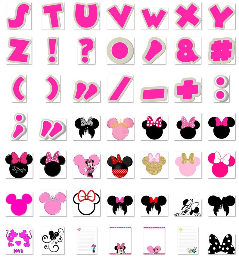 May include: A collection of pink alphabet letters, punctuation marks, and Minnie Mouse-themed designs. The letters have a white outline. Minnie Mouse designs include bows, silhouettes, and character illustrations. The designs are on a white background.