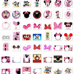 May include: A collection of various Minnie Mouse themed designs. The images include Minnie Mouse's face, bows, and other related graphics. The color palette is primarily pink, black, and white, with some images featuring Mickey Mouse and friends.