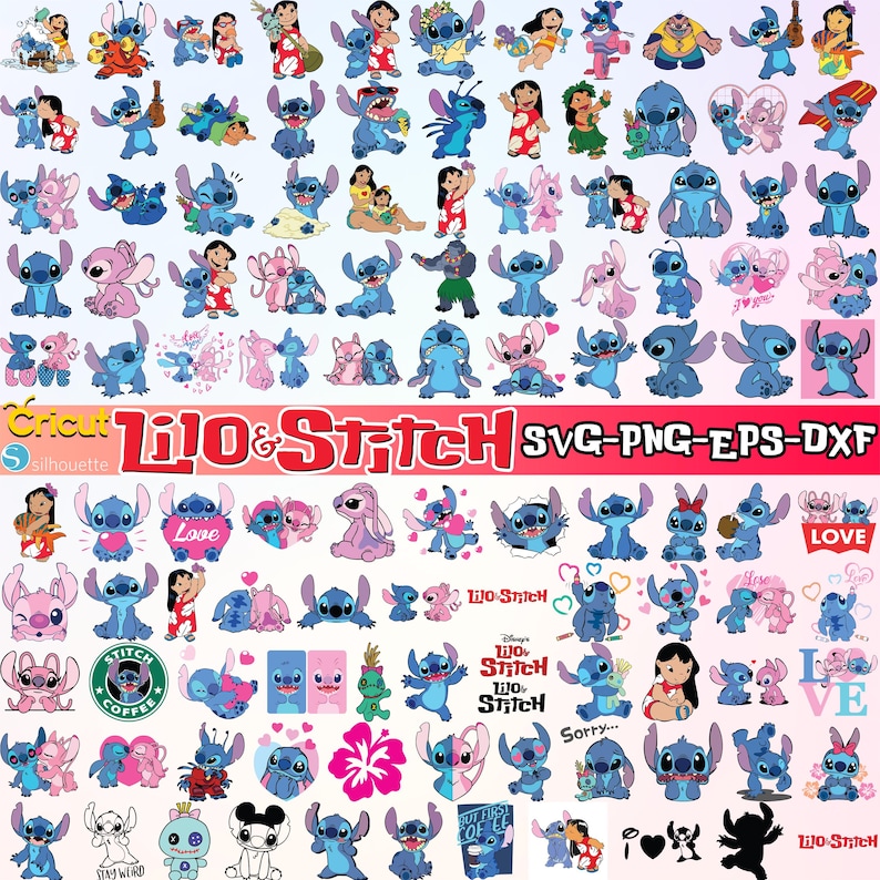 Może przedstawiać: Kolekcja niebieskich i r&oacute;żowych postaci Stitch z filmu Disneya Lilo & Stitch. Obraz zawiera r&oacute;żne pozy i sceny, a także tekst "Lilo & Stitch SVG-PNG-EPS-DXF".