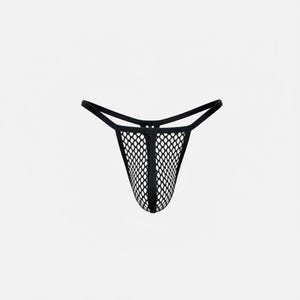 May include: Black fishnet thong underwear. The underwear features a mesh design and thin straps. The garment is designed with a low rise and a minimal back coverage. The thong is made of a stretchy material.