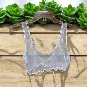 White Chiffon Lingerie Crop Top - Delicate Lettuce Edge Detail