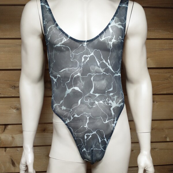 Men's black and gray mesh bodysuit