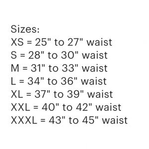 May include: White background with black text detailing waist sizes for clothing. Sizes range from XS (25"-27" waist) to XXXL (43"-45" waist). The text is clear and easy to read, providing a size chart.