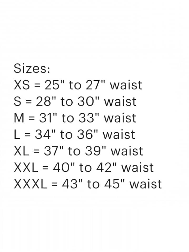 May include: White background with black text detailing waist sizes for clothing. Sizes range from XS (25"-27" waist) to XXXL (43"-45" waist). The text is clear and easy to read, providing a size chart.