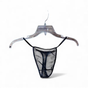 May include: A black sheer thong, suspended from a clear plastic hanger. The thong has a triangular front and thin straps. The fabric appears delicate and slightly see-through, with a subtle texture.