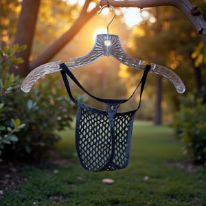 May include: A black mesh thong underwear hangs from a clear plastic hanger. The thong is suspended from a tree branch against a blurred background of green foliage and sunlight.