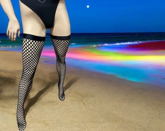 Sexy Black Thigh High Fishnet Stockings - Gothic Lingerie