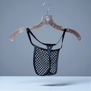 May include: A black mesh thong suspended from a clear plastic hanger. The thong has a net-like design and is held by thin black straps. The hanger is clear and has a decorative design.