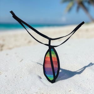 May include: A thong garment featuring a vertical, leaf-shaped front panel made of sheer, multi-colored rainbow striped fabric. The panel is framed by a thin black border and attached to thin black elastic straps that extend outward from the top.