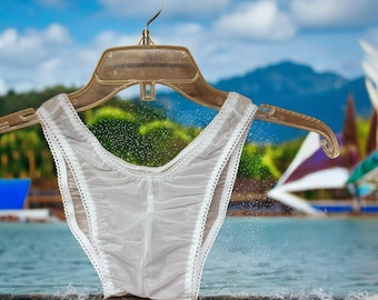 May include: White sheer lingerie hanging on a plastic hanger against a background of a tropical beach scene with blue water and mountains.