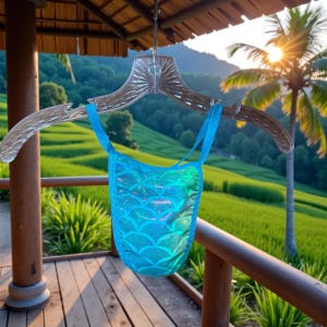 May include: A blue and green mermaid-scale patterned swimsuit hangs on a clear plastic hanger. The swimsuit has a halter top design with thin straps. The background features a lush green landscape with a palm tree and a wooden deck.
