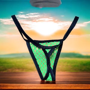 May include: Black and green mesh underwear with a black trim. The underwear is hanging from a ceiling fixture against a blurred background of a sunset.