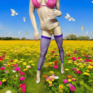 Purple thigh high fishnet leg warmers