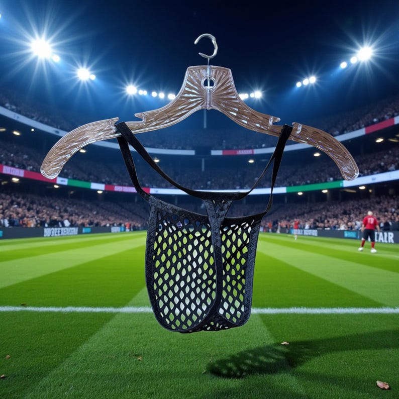 May include: Black mesh thong underwear hanging from a clear plastic hanger. The underwear has a diamond-shaped pattern. The background is a blurred image of a soccer stadium with bright lights and a green field.
