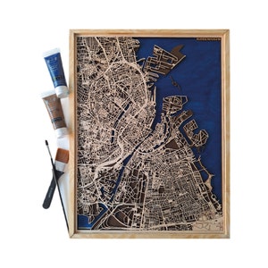 Art mural plan de la ville XXL, cadeau 5e anniversaire, plan de la ville personnalisé, carte en bois de Copenhague