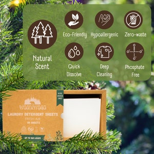 Pu&ograve; includere: Una scatola di 80 fogli di detersivo per bucato con sfondo marrone e fogliame verde. La scatola presenta il testo "WOODAYOGO" e "LAUNDRY DETERGENT SHEETS" in bianco. La scatola presenta anche il testo "FRESH AIR" e "UP TO 160 LOADS" in bianco. La scatola &egrave; etichettata come "NATIVE AMERICAN OWNED".