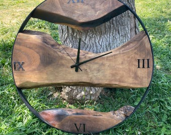 Walnut Wood Wall Clock with Black Metal Frame and Roman Numerals