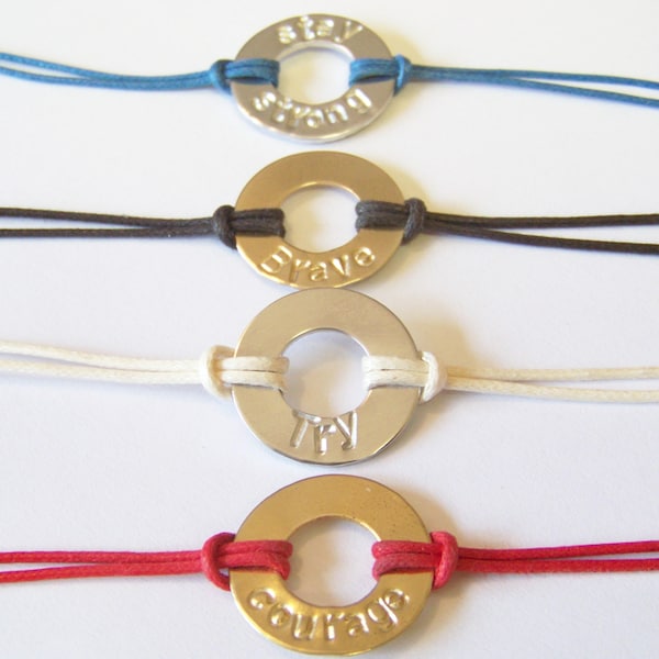 Custom Stamped Washer Bracelets, adjustable, available in silver and gold, many colors to choose, 2024 word of the year, 2024 word