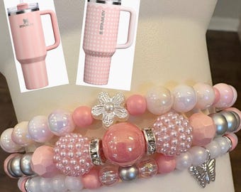 Peach Rose Stripe & Rose Quartz Rattan Cup Stack, Tumbler Accessories, Tumbler Bracelet Stacks